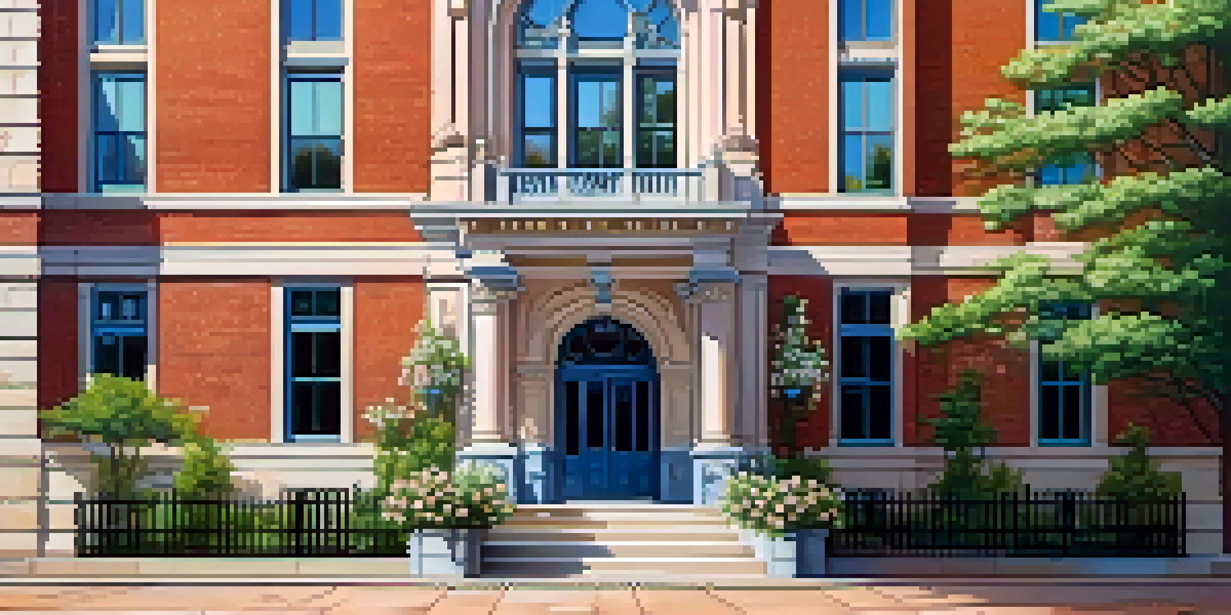 A historic building showcasing detailed brickwork and architecture, surrounded by vibrant flowers and greenery under a sunny sky.