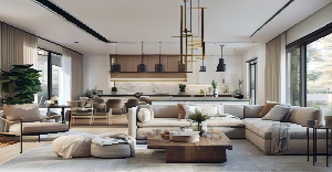 An open concept living area with a modern kitchen, dining space, and living room, filled with natural light and decorated in soft neutral colors.