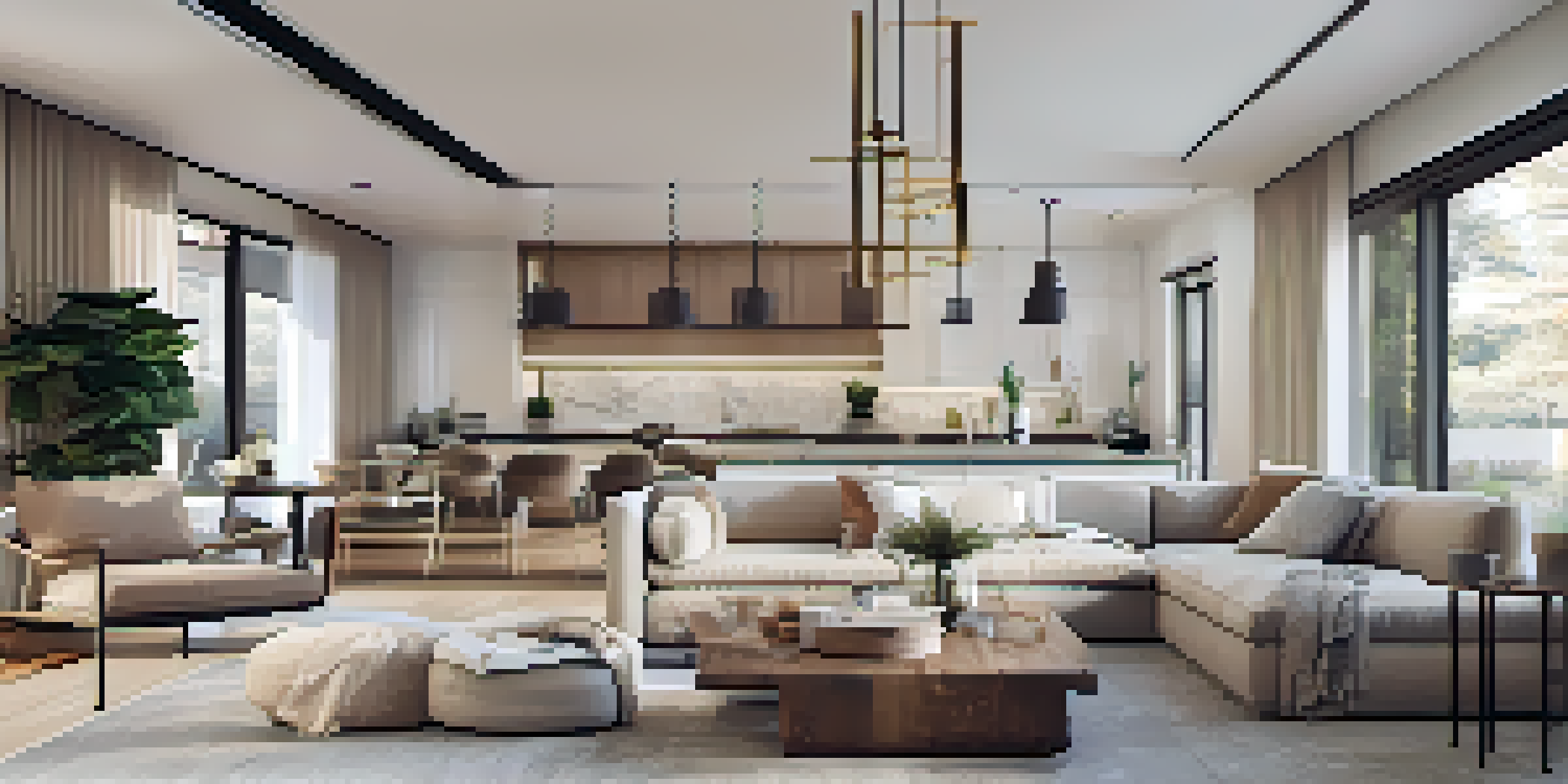 An open concept living area with a modern kitchen, dining space, and living room, filled with natural light and decorated in soft neutral colors.