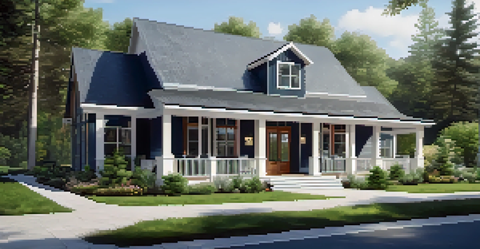 An inviting modern farmhouse with a spacious front porch, rustic wood siding, and surrounded by lush greenery under a clear blue sky.