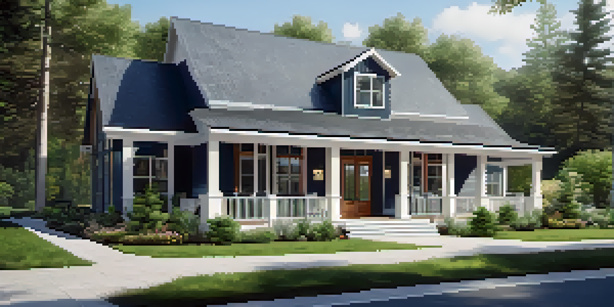 An inviting modern farmhouse with a spacious front porch, rustic wood siding, and surrounded by lush greenery under a clear blue sky.