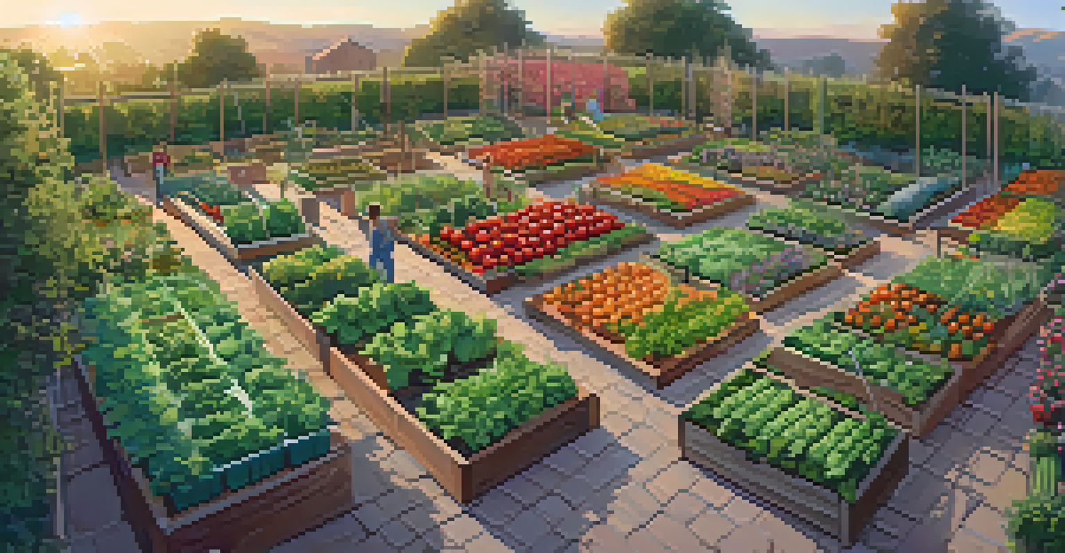 An organized vegetable garden from above, displaying colorful vegetables and surrounding flowering plants under a sunset glow.