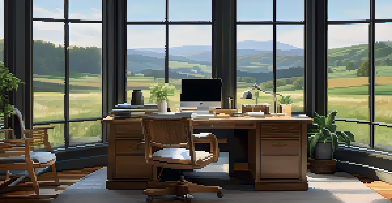 A bright home office with a view of rolling hills and trees, creating a tranquil workspace.