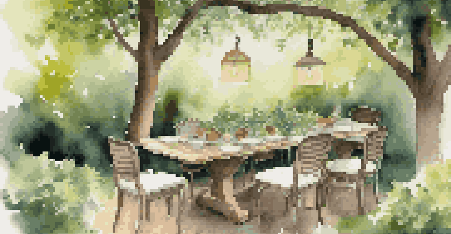 An outdoor dining area with a repurposed wooden table and vintage chairs, surrounded by greenery and dappled sunlight.