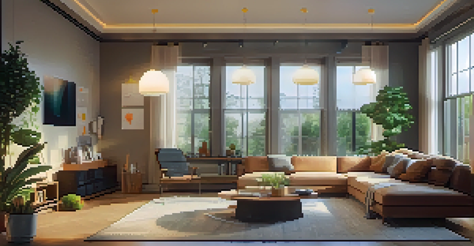A modern living room showcasing a home security system with a control panel and sensors, illuminated by warm lighting.