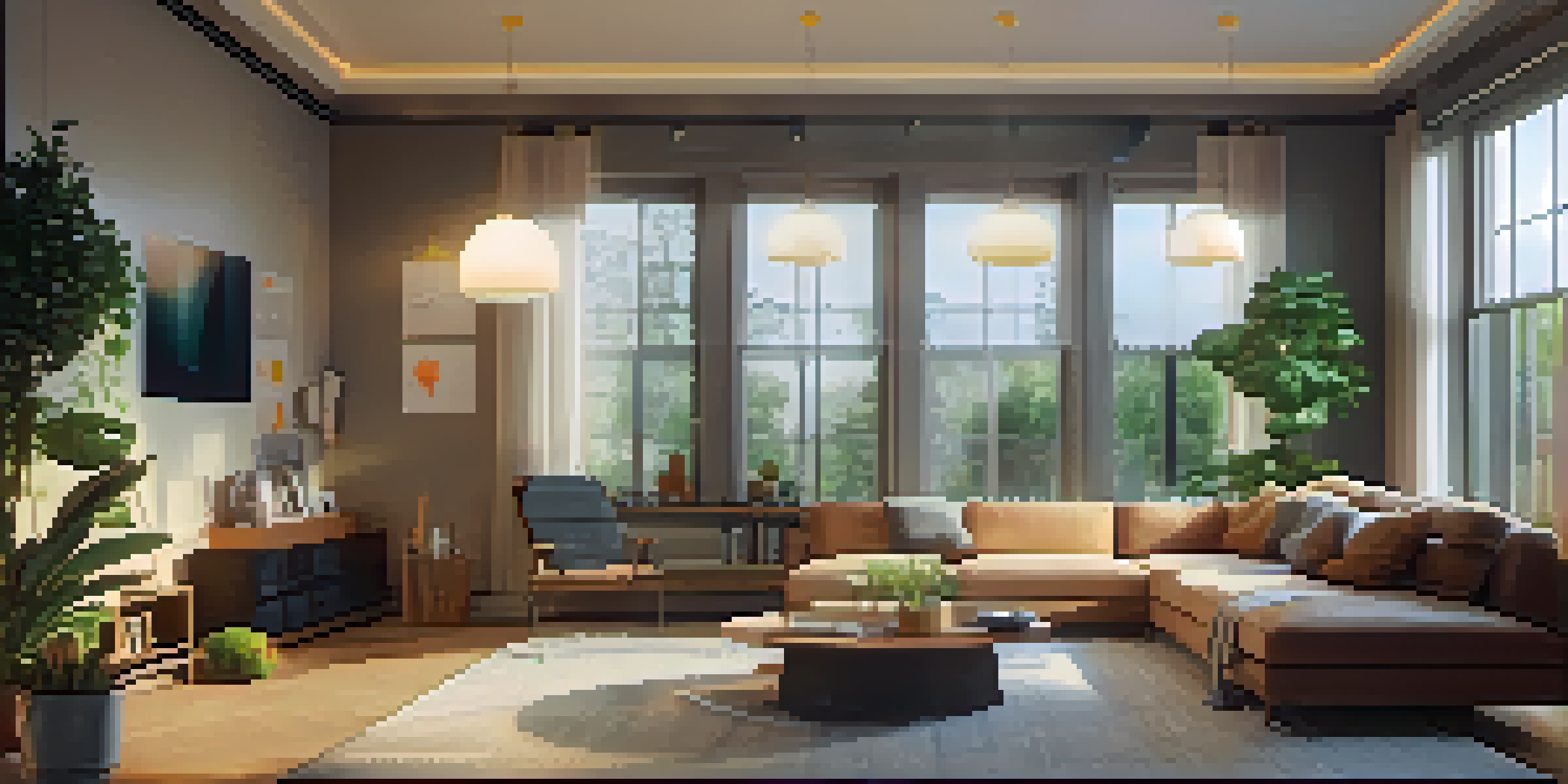 A modern living room showcasing a home security system with a control panel and sensors, illuminated by warm lighting.