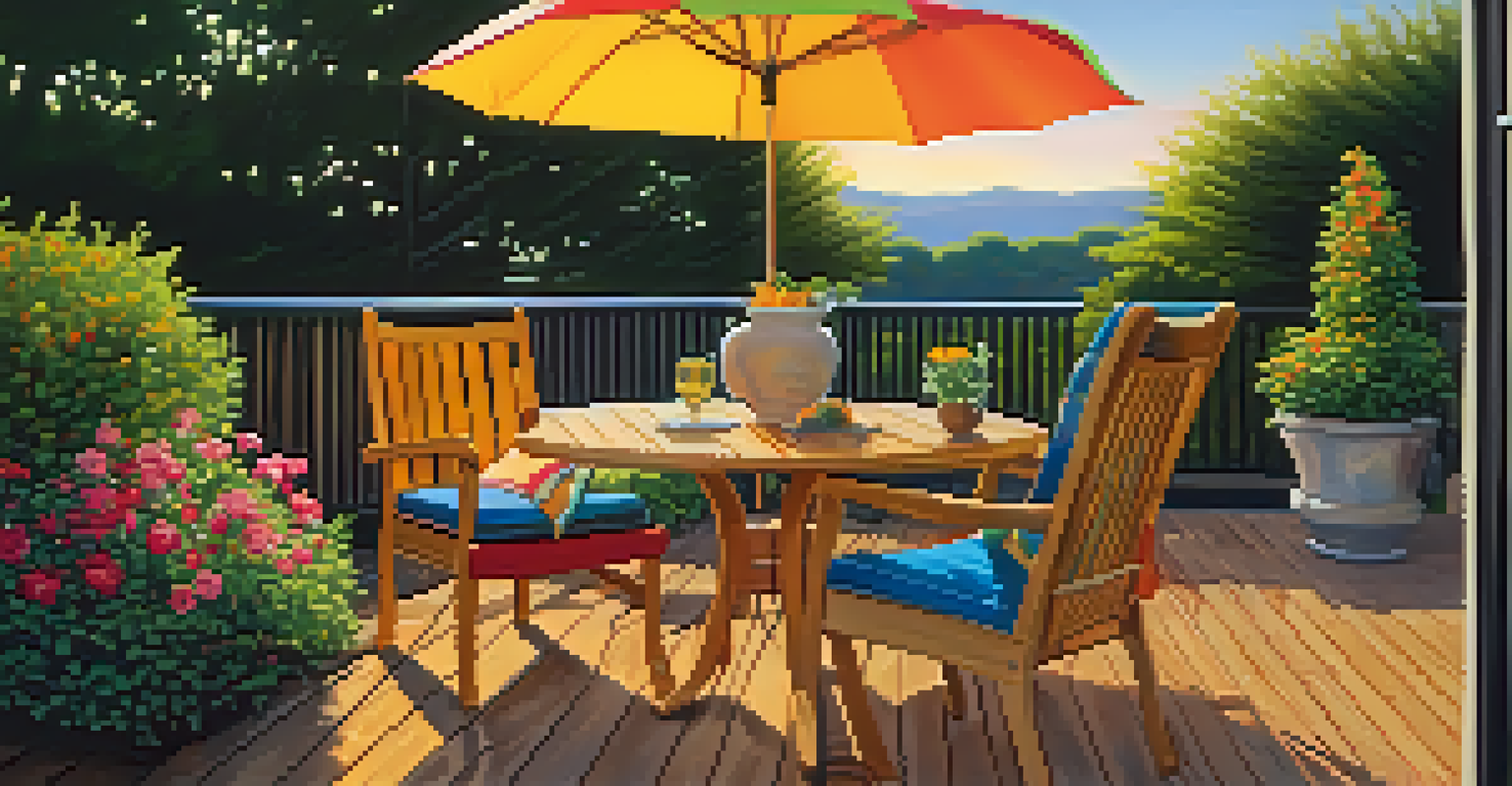A landscaped backyard with a wooden deck and flowers, featuring a table and chairs under an umbrella at sunset.
