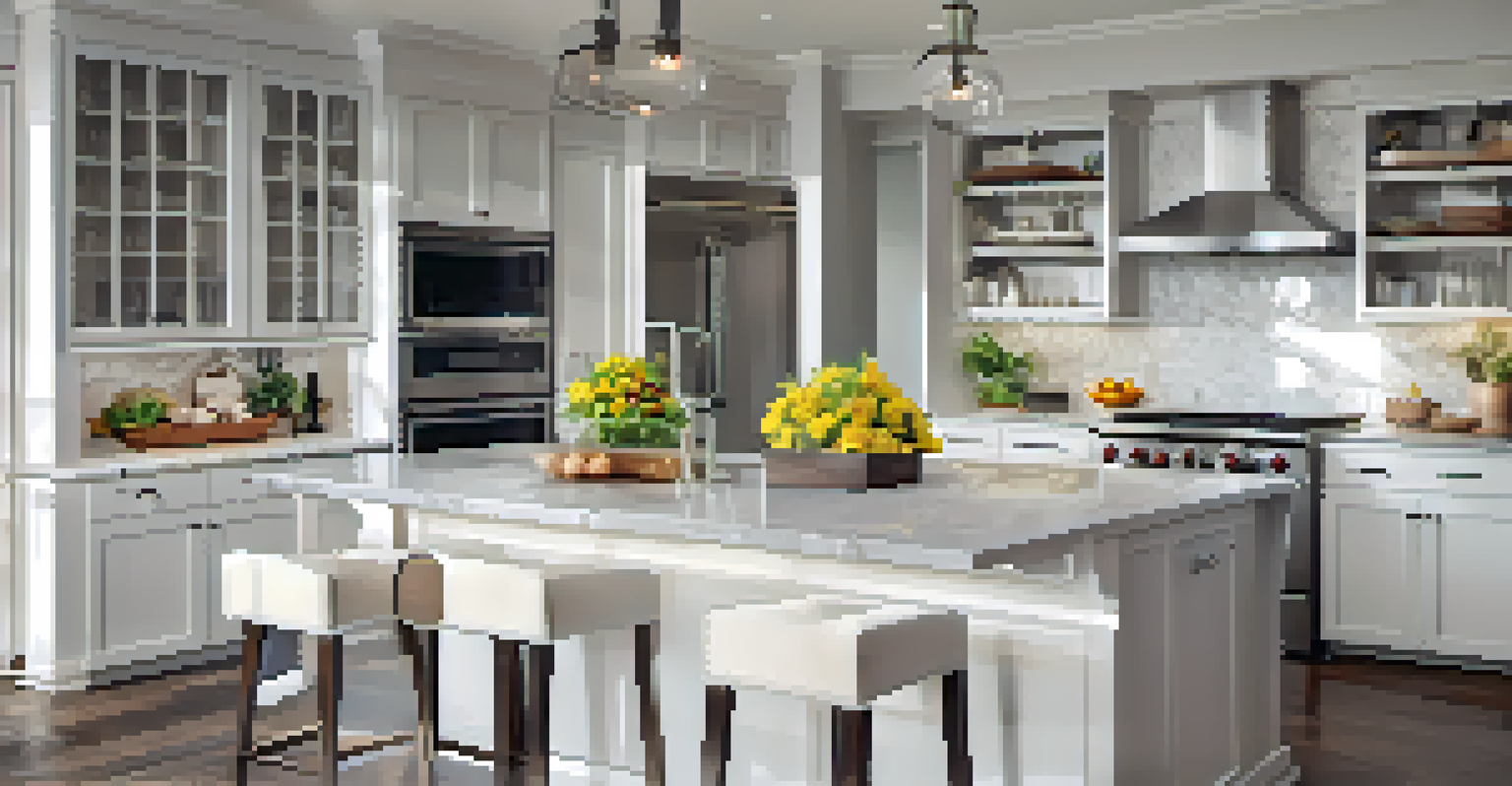 A stylish kitchen with sleek countertops and stainless steel appliances, open to a dining area, decorated with fresh ingredients and flowers.