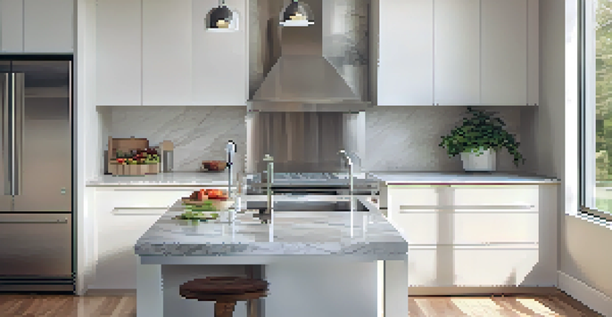 A modern kitchen with a sleek high-efficiency water heater installed under the countertop, bright and airy with white cabinets and natural light.