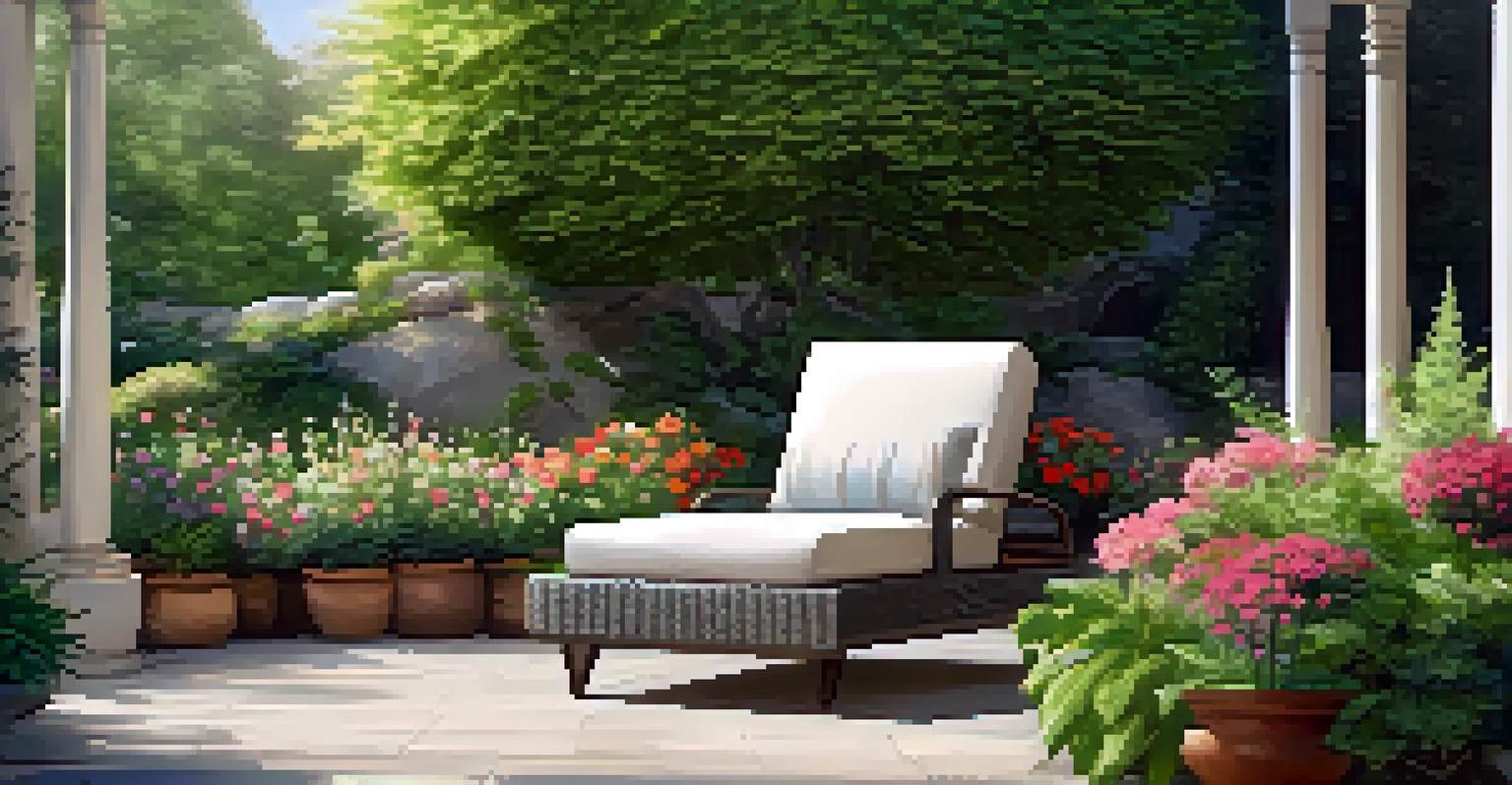 A serene outdoor reading nook with a comfortable chair, cushions, and a small table surrounded by vibrant flowers and greenery.