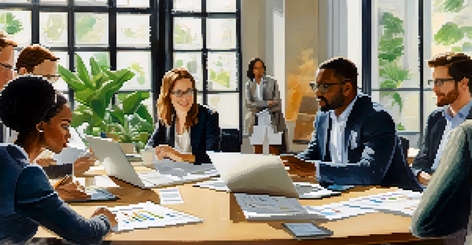 A diverse group of professionals discussing around a conference table, with visible engagement and collaboration.