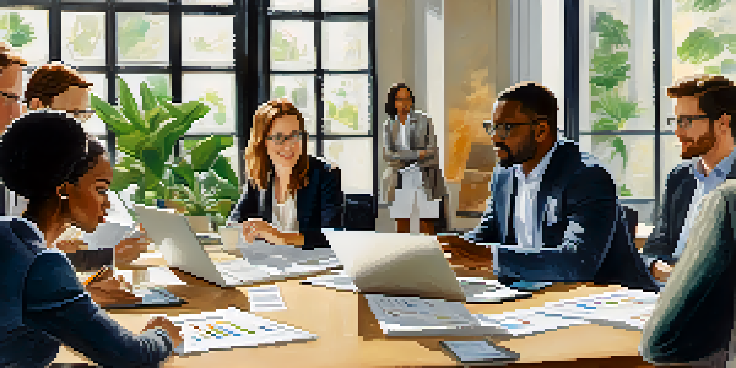 A diverse group of professionals discussing around a conference table, with visible engagement and collaboration.