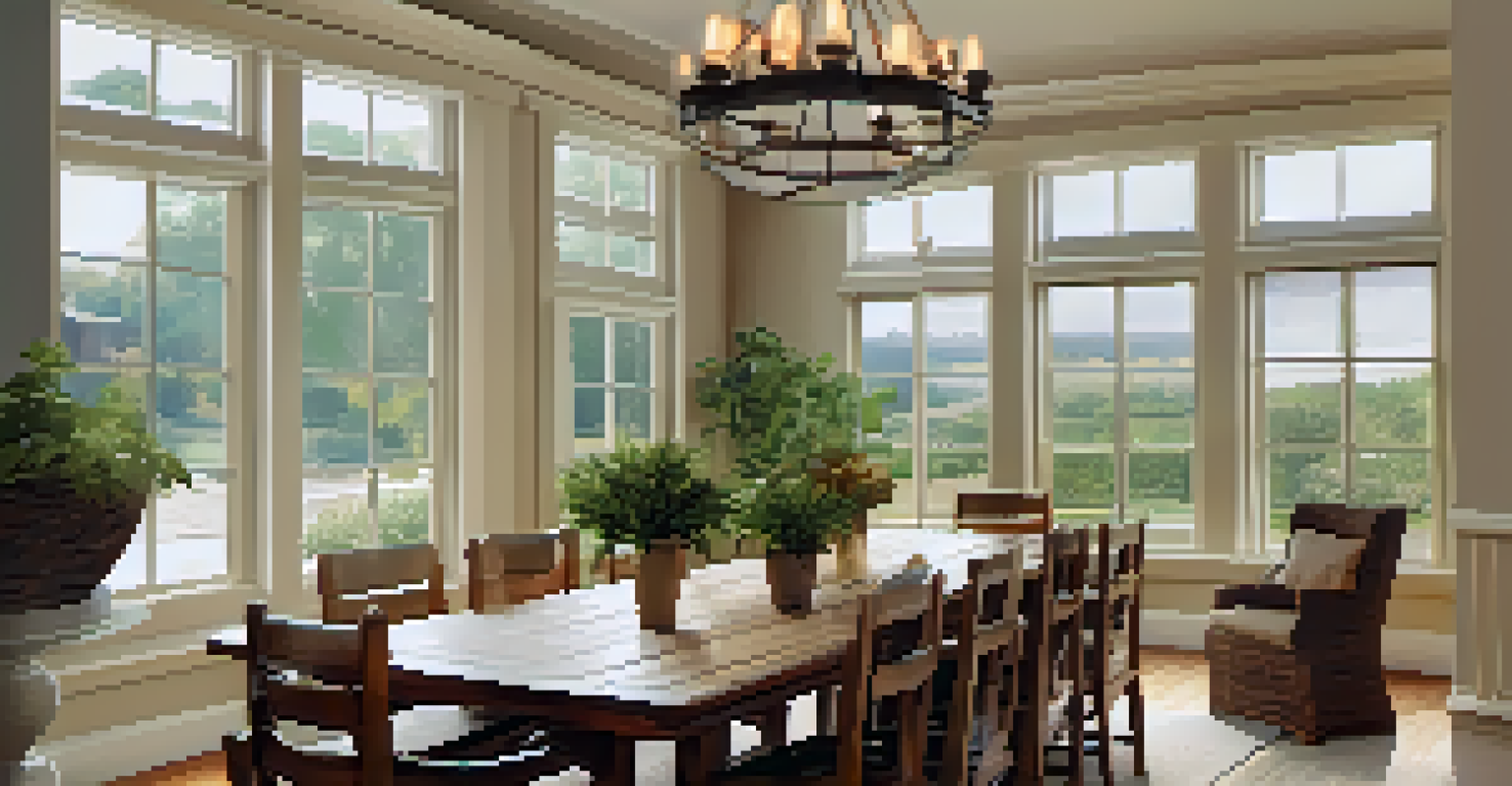 A bright dining area with a large wooden table, comfortable chairs, large windows, and mirrors, creating a warm and welcoming atmosphere.