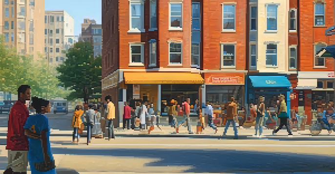A lively urban street with people and a family looking at a house for sale.