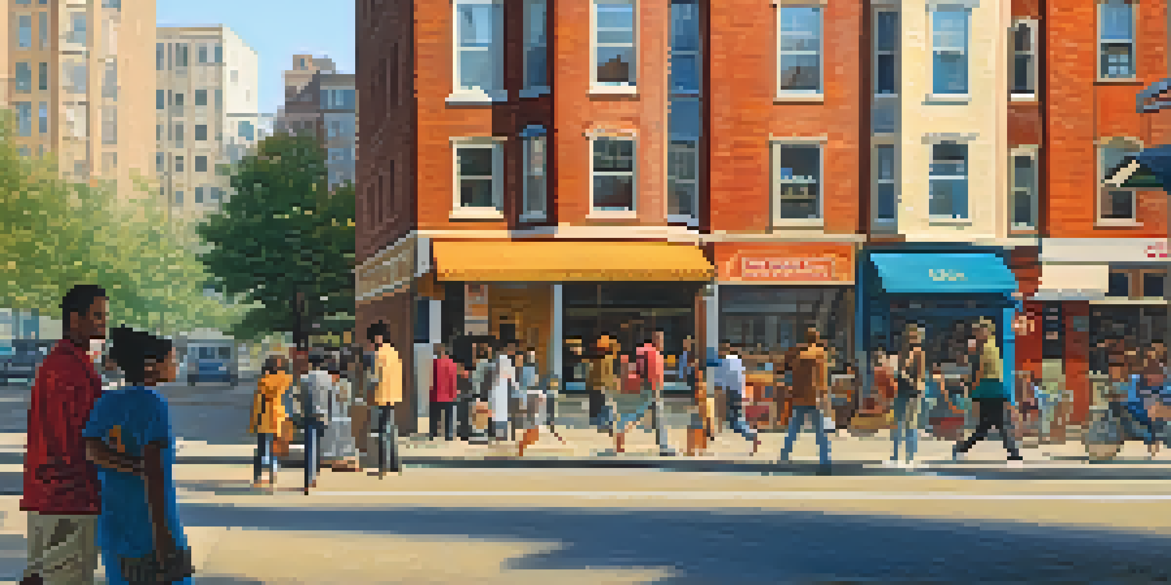 A lively urban street with people and a family looking at a house for sale.
