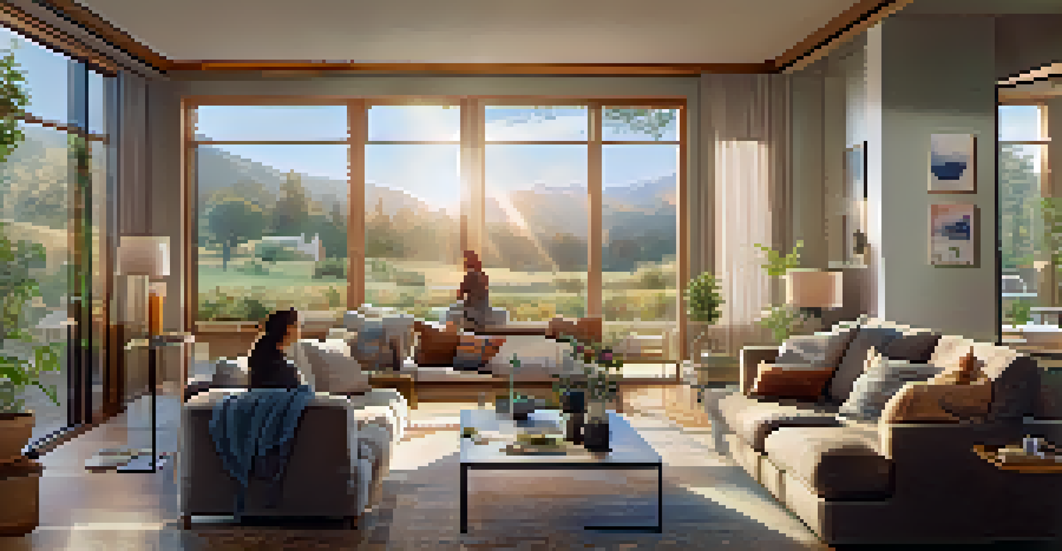 A cozy living room showcasing smart home technology, with a person managing their environment easily and comfortably.