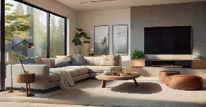 A modern living room with a smart thermostat, warm smart lighting, and a smart speaker on a coffee table, featuring contemporary furniture and large windows.