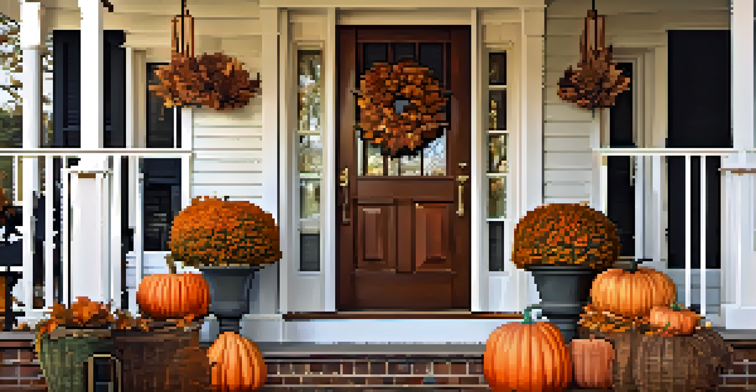 An autumn porch with pumpkins, a wreath, cozy blankets on furniture, and glowing lanterns.
