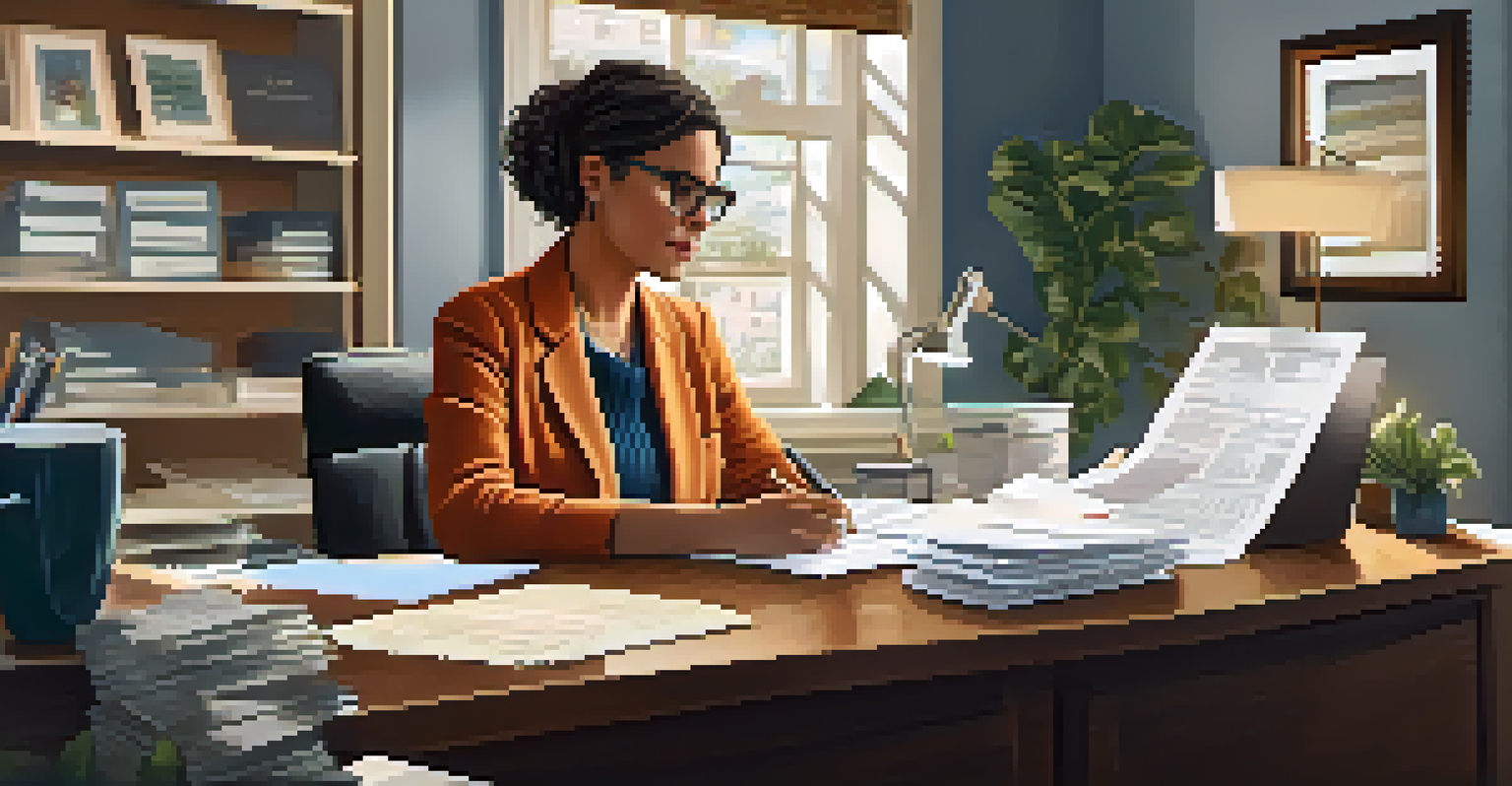 A real estate agent reviewing HOA documents at her desk with a laptop and coffee.