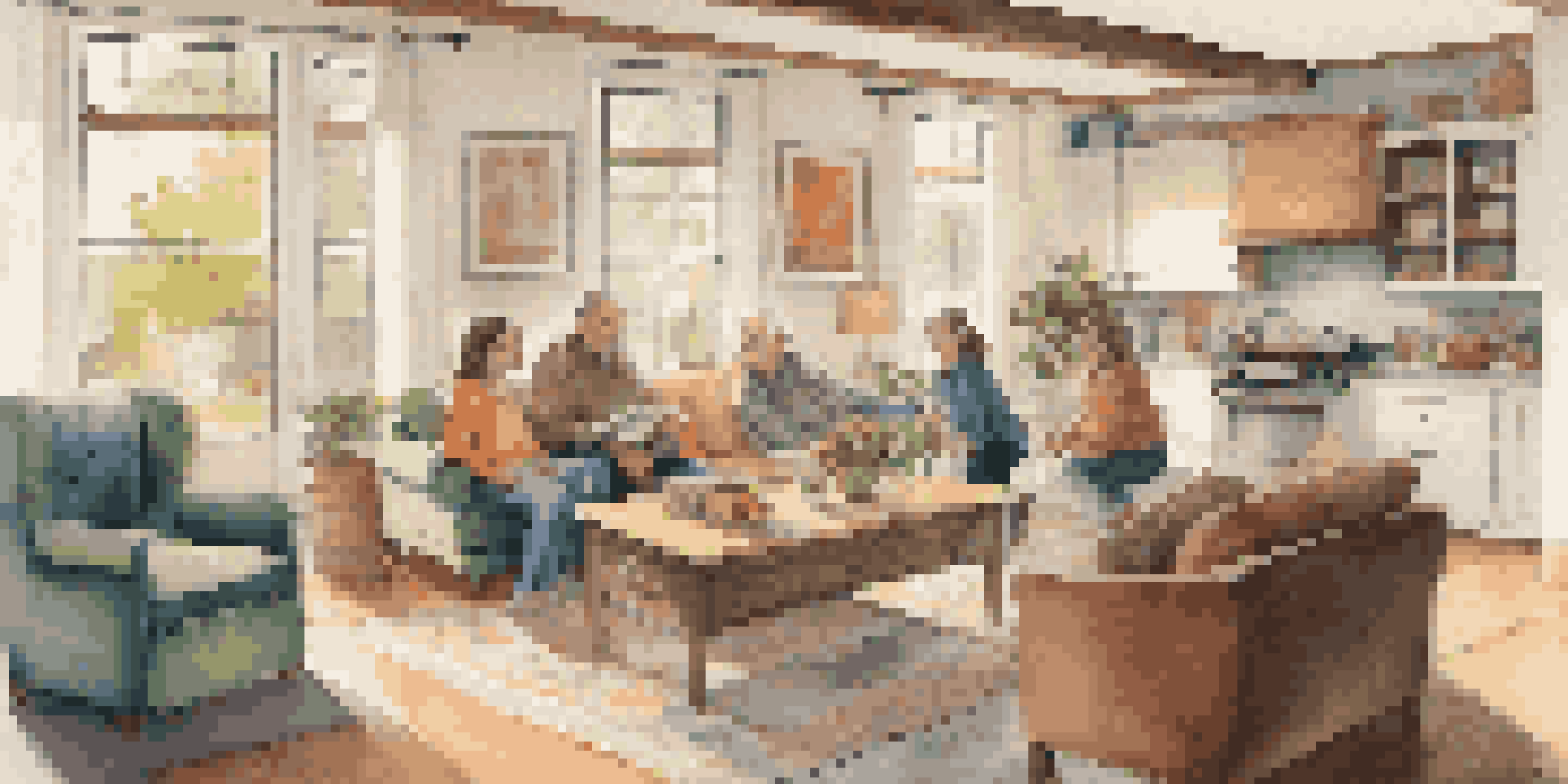 A bright shared living space with a multi-generational family enjoying various activities together.