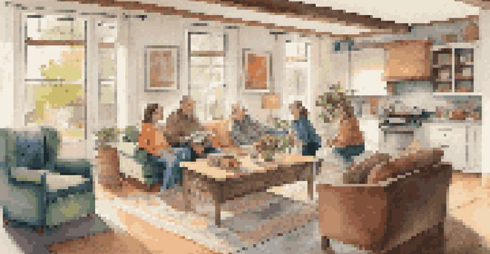 A bright shared living space with a multi-generational family enjoying various activities together.