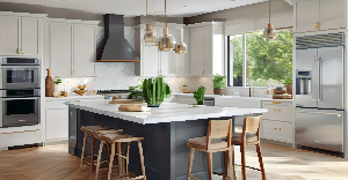 A modern kitchen with quartz countertops and natural light, featuring a large island and plants.