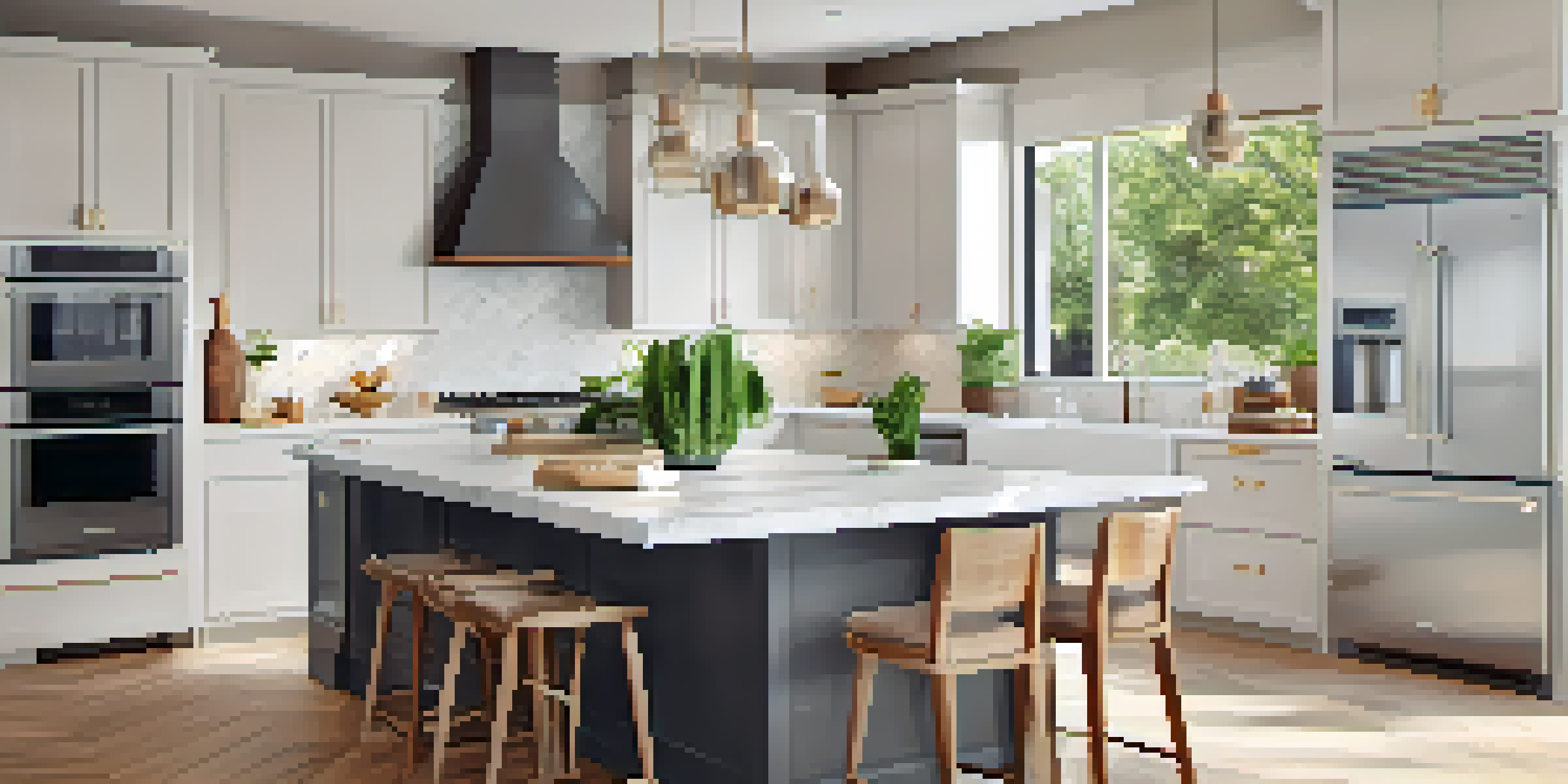 A modern kitchen with quartz countertops and natural light, featuring a large island and plants.