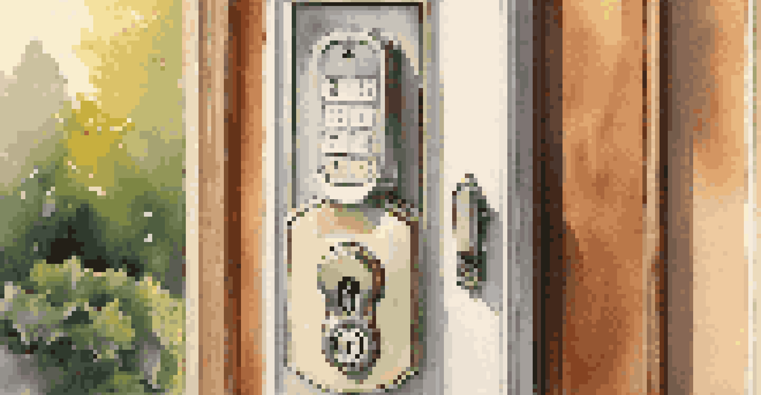 A close-up of a smart lock on a front door, with a blurred garden background and warm evening light.