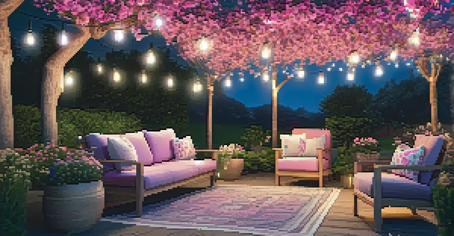 A colorful spring garden with pastel string lights and blooming flowers, featuring a cozy seating area.