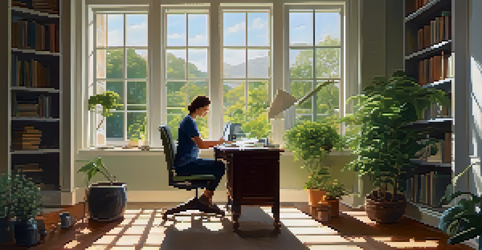 A person stretching by a window during a break in a home office setting.