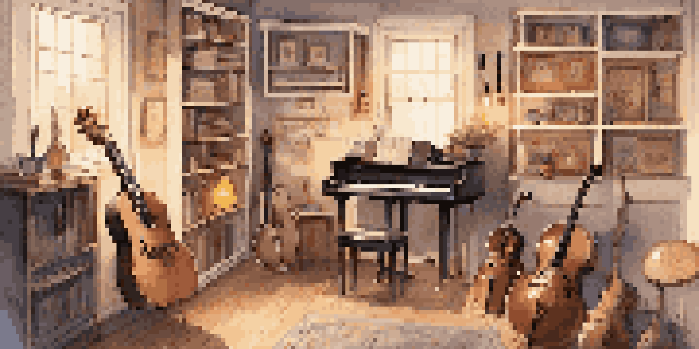 A warm and inviting music space filled with neatly organized instruments on shelves and hooks, accompanied by a comfortable chair and decorative musical elements.