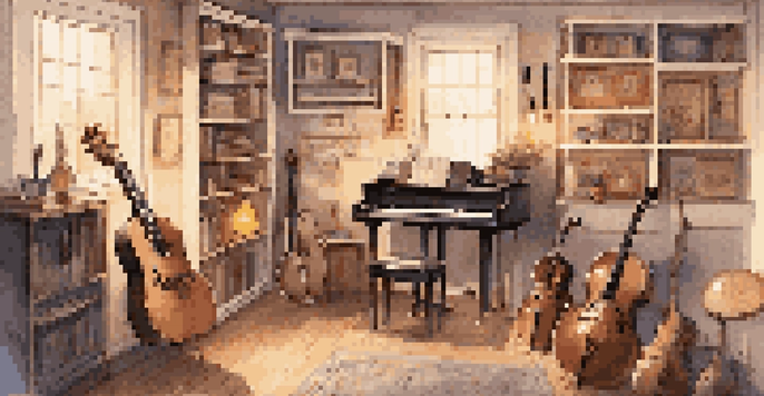 A warm and inviting music space filled with neatly organized instruments on shelves and hooks, accompanied by a comfortable chair and decorative musical elements.