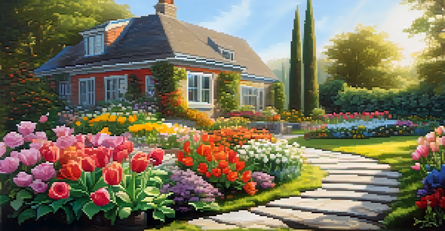 A colorful garden with blooming flowers and a stone pathway, featuring a wooden bench under a tree.