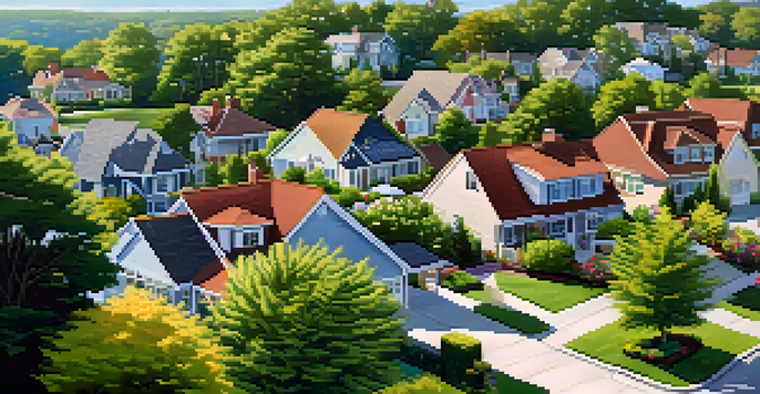 A view of a suburban neighborhood with different roofing styles and colorful flowers.