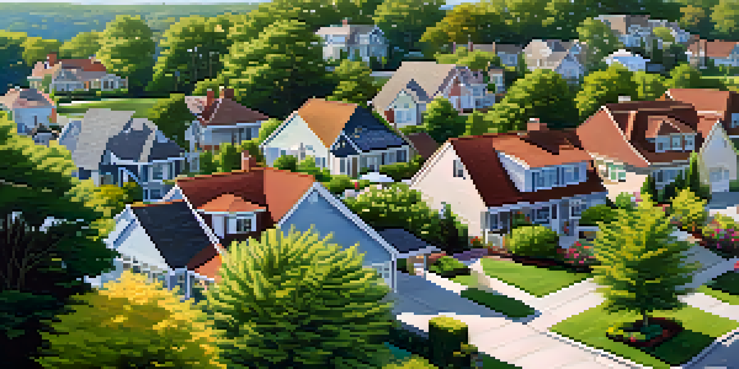 A view of a suburban neighborhood with different roofing styles and colorful flowers.