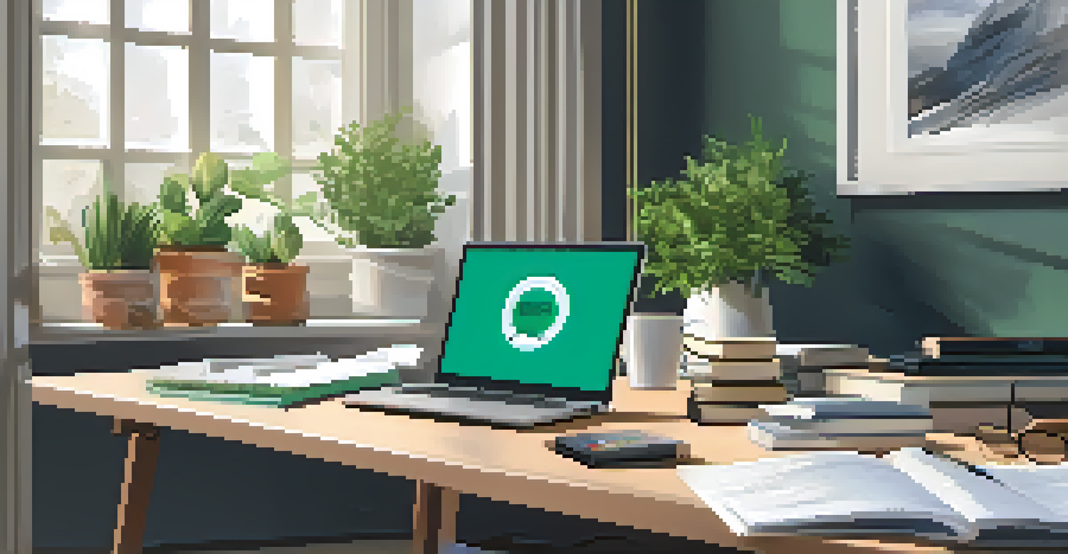 A stylish workspace with a laptop, coffee cup, and notepad about financial planning, surrounded by a bookshelf and a plant.