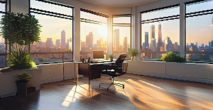 A modern office with a view of a city skyline during sunset, featuring a desk and plants.