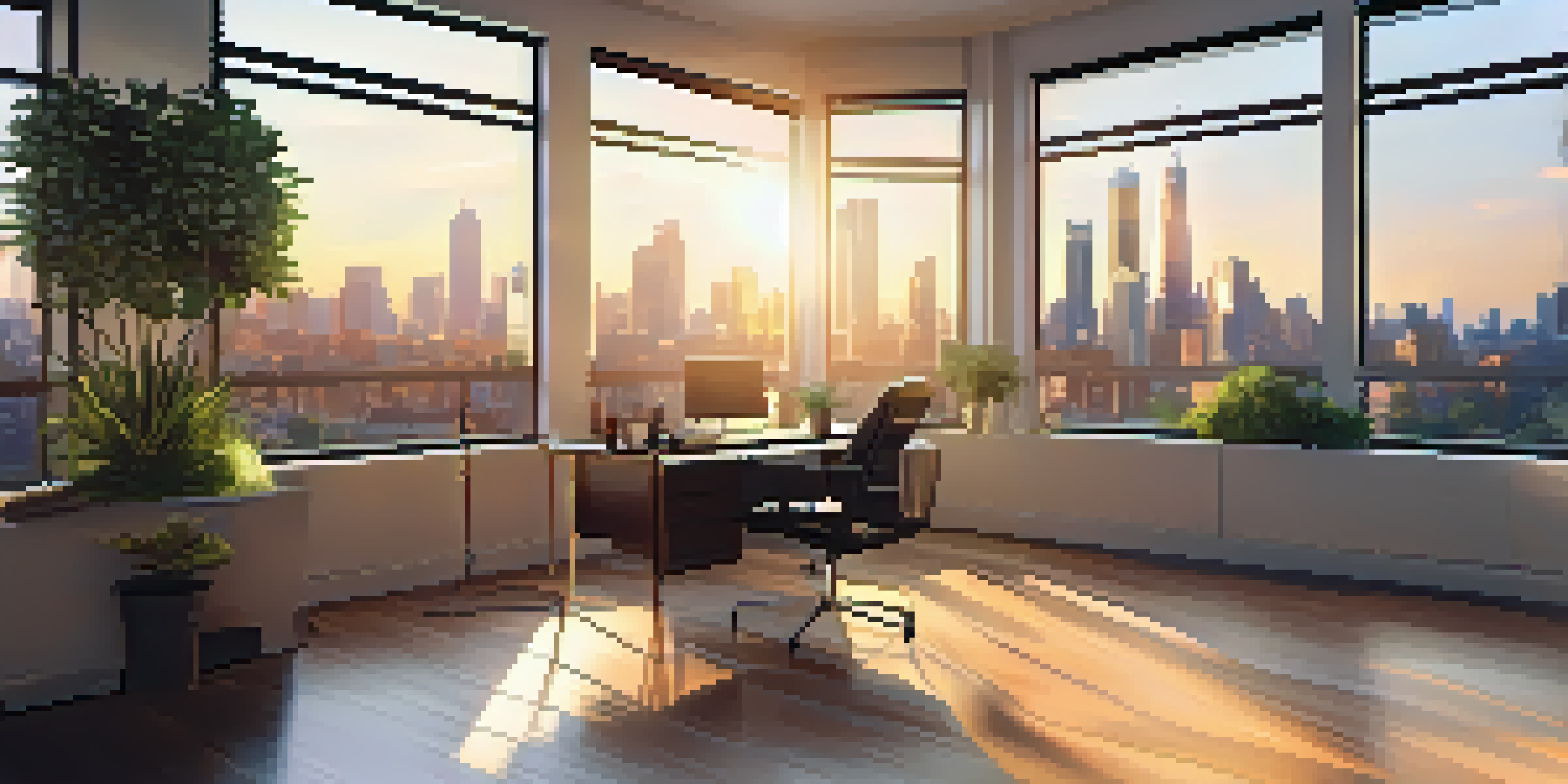 A modern office with a view of a city skyline during sunset, featuring a desk and plants.
