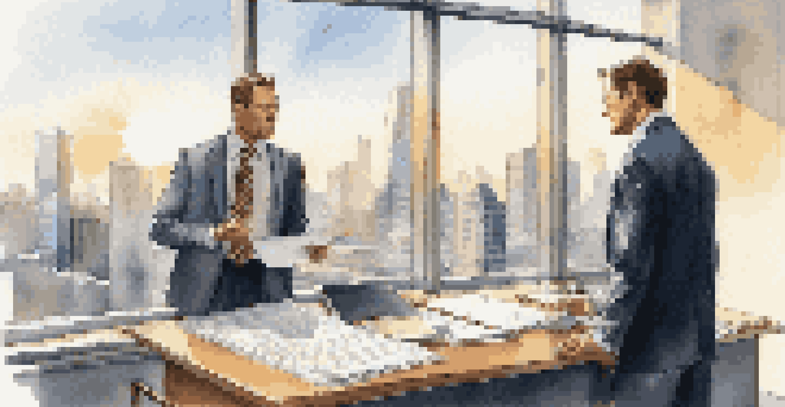 Two business professionals discussing a contract in a modern office with a city skyline view.