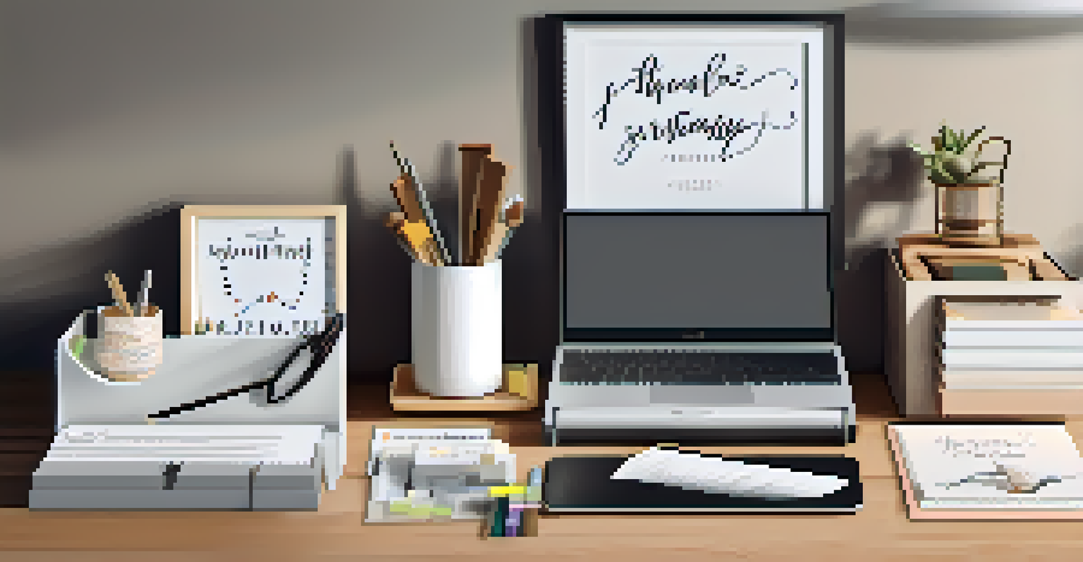 An organized desk featuring a desk organizer, motivational quote, and modern desk lamp, set on a soft rug.