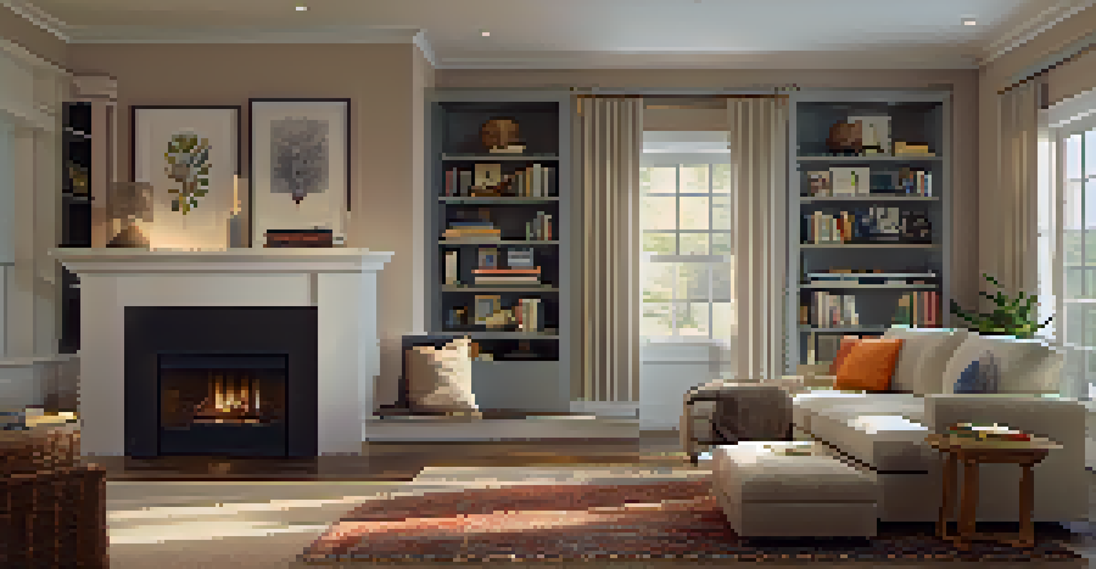 A cozy reading nook defined by a plush area rug and a small bookshelf in an open concept living area, with warm lighting.