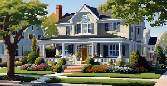 A peaceful suburban neighborhood with diverse houses, blooming gardens, and a clear sky.