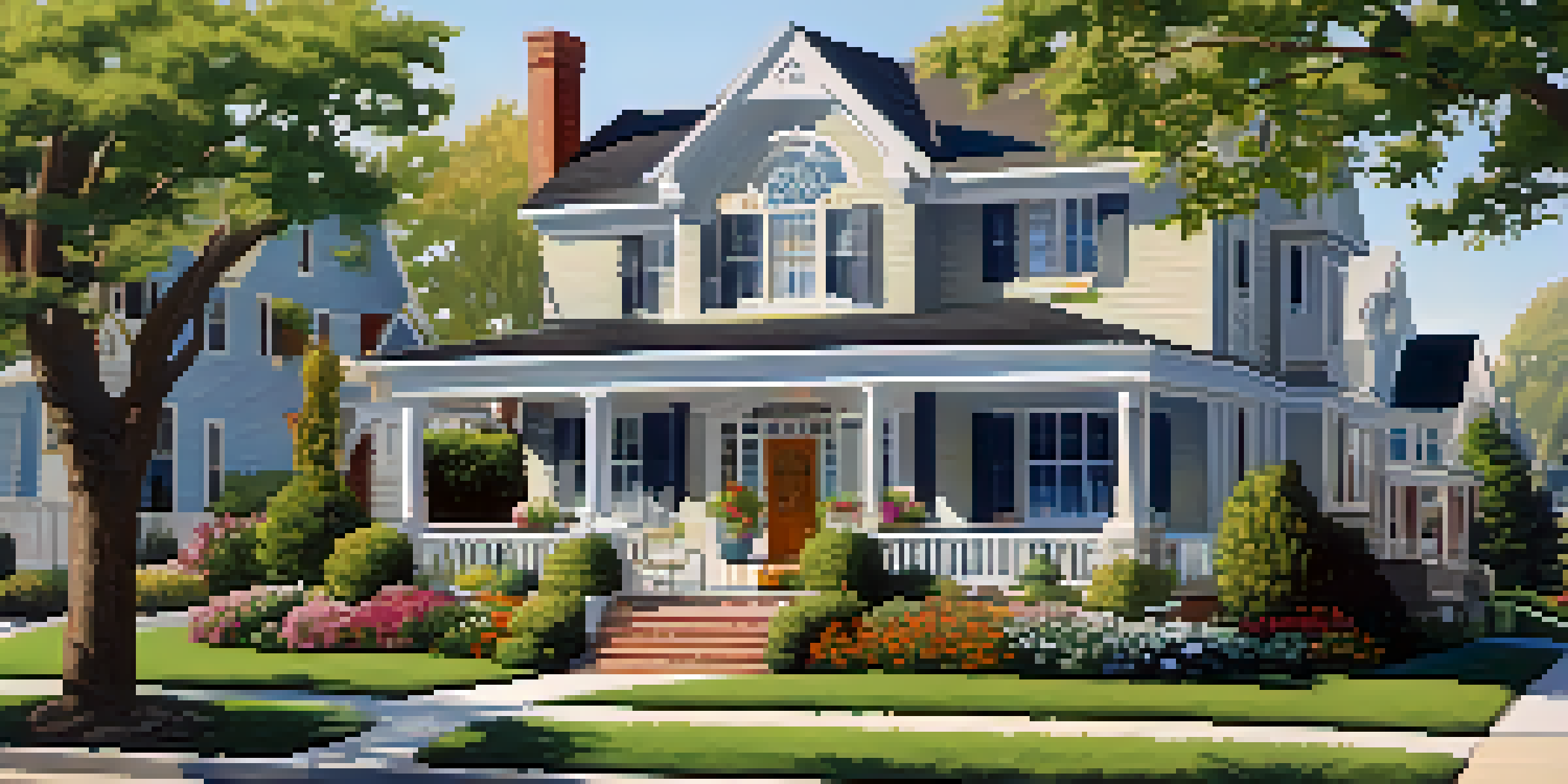 A peaceful suburban neighborhood with diverse houses, blooming gardens, and a clear sky.