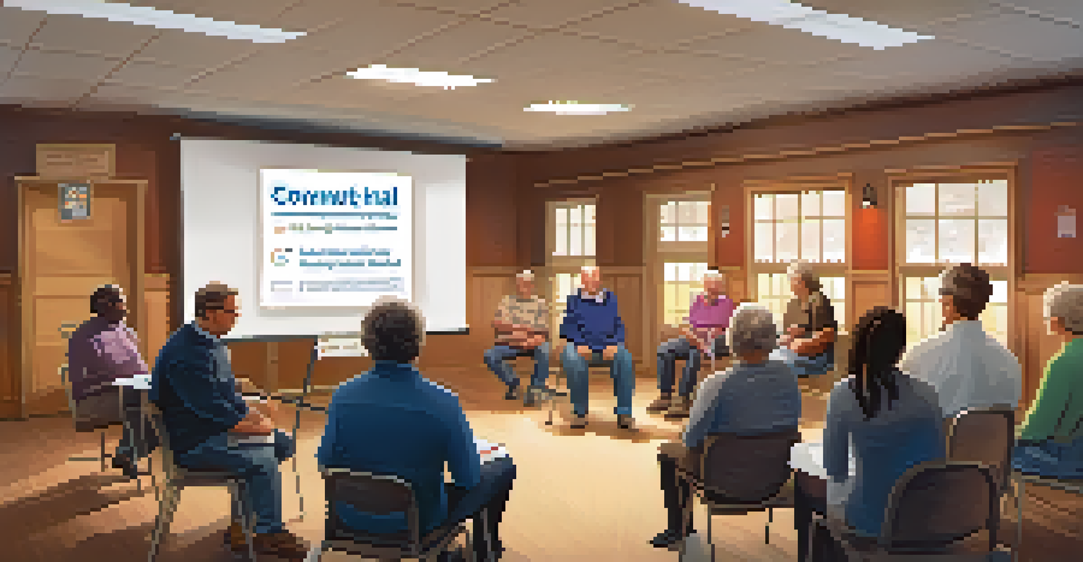 Residents gathered in a town hall meeting setting, discussing community charity initiatives with a flip chart.