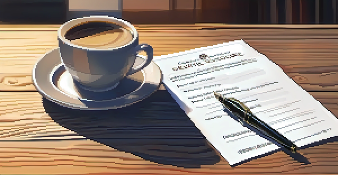 A close-up of a seller's disclosure form on a table, with a pen and coffee cup, illuminated by warm light.