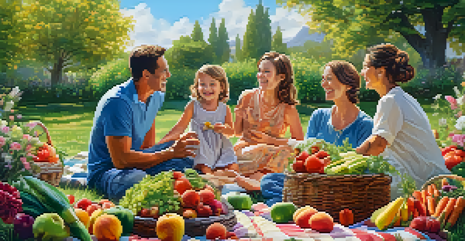 A family having a picnic in the garden, surrounded by baskets of fresh vegetables and fruits, celebrating their gardening success under a clear blue sky.