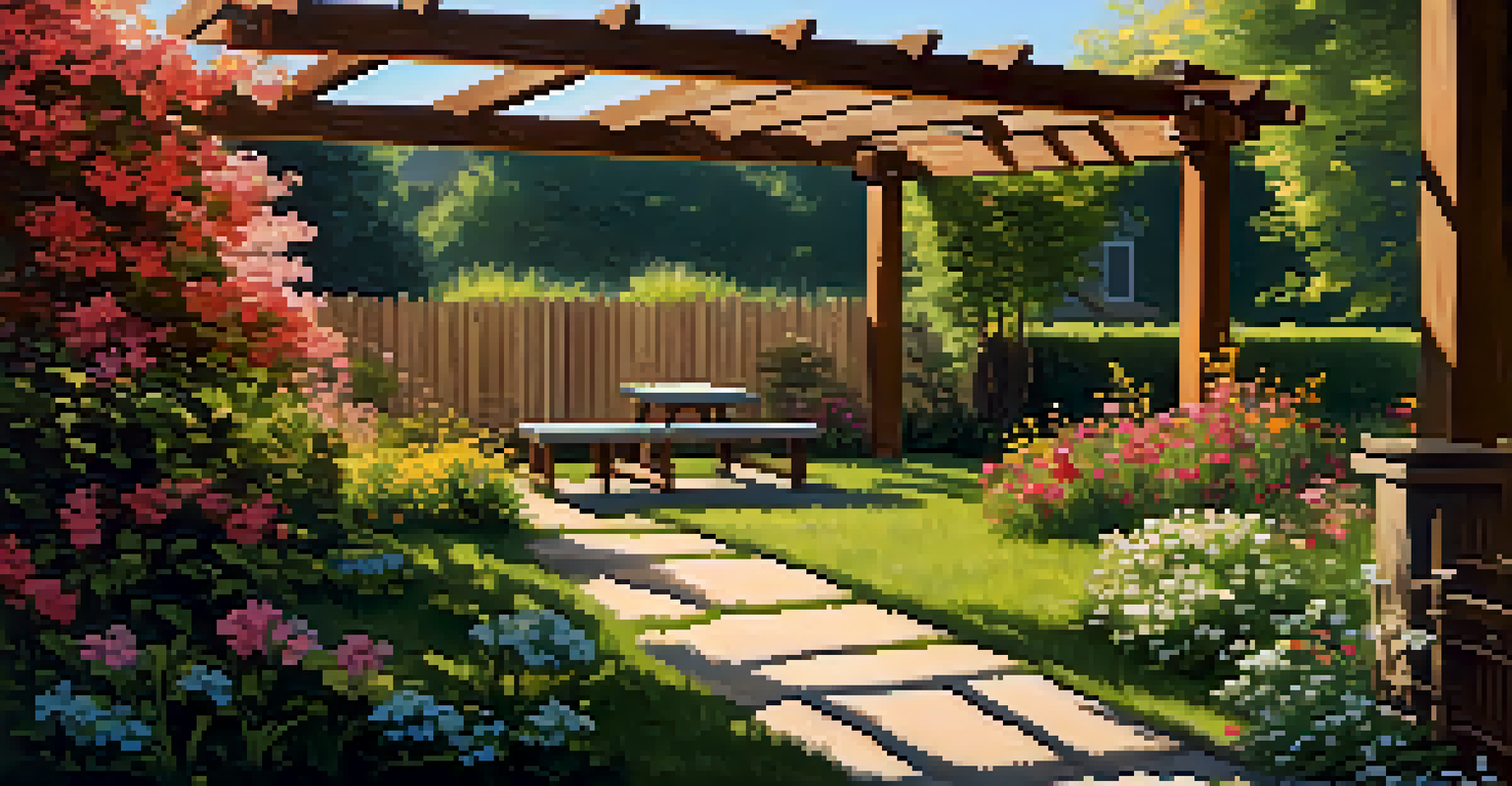 A beautiful backyard garden with blooming flowers and a seating area under a pergola.