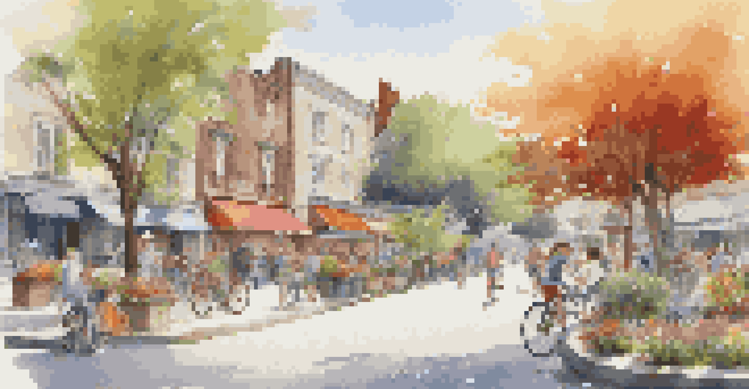 A charming neighborhood street featuring a park and a café, with people walking and enjoying the outdoor ambiance.