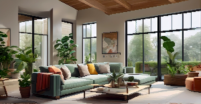 A modern living room with a laptop showcasing a virtual tour of a beautifully staged home, featuring a cozy sofa and large windows with natural light.