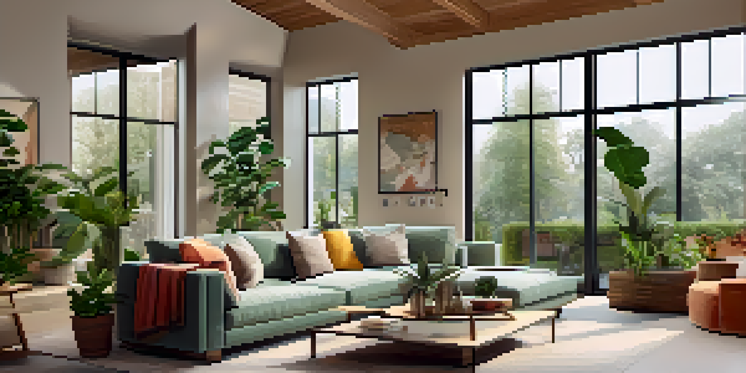 A modern living room with a laptop showcasing a virtual tour of a beautifully staged home, featuring a cozy sofa and large windows with natural light.